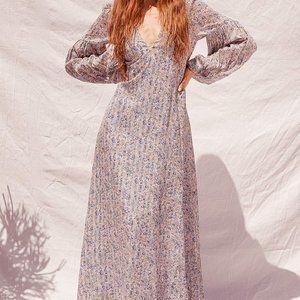 Lulus Garden Paths Beige Floral Print Puff Sleeve Maxi Dress Size XL